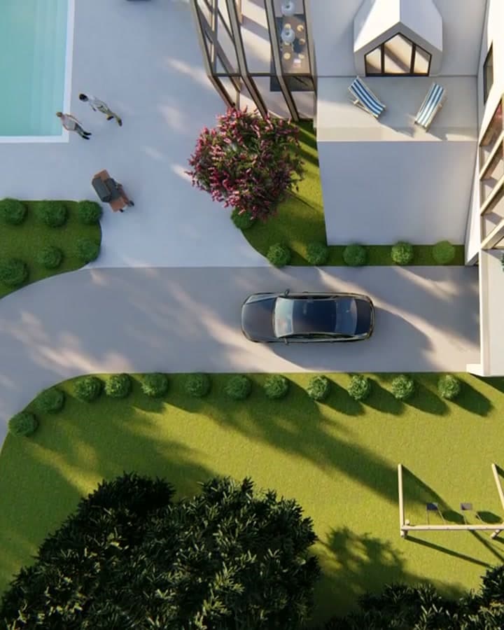 3D aerial backyard plan showing the pool, patio, paths, and planting as one coordinated design